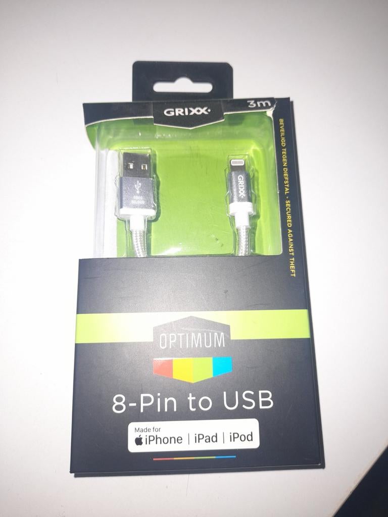 GRIXX Optimum 8-Pin naar USB kabel 3m voor iPhone/iPad/iPod, Ophalen of Verzenden, Nieuw, Overige typen, Apple iPhone