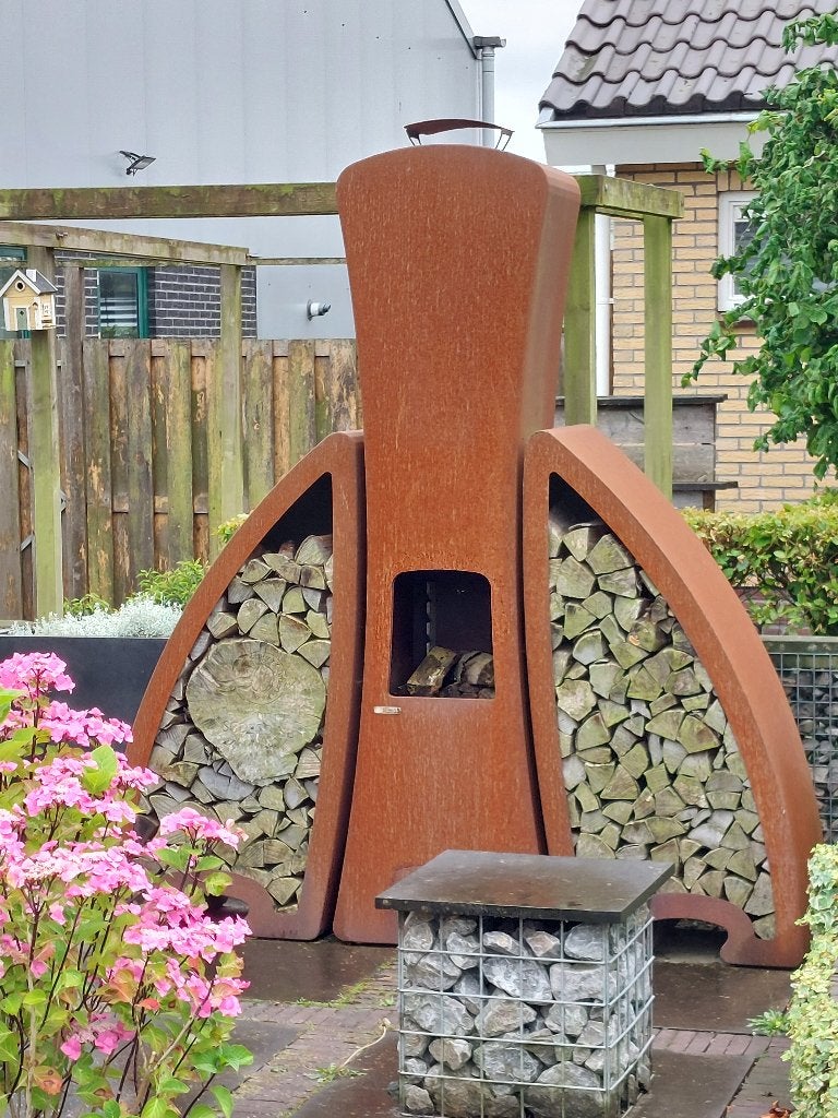Stoere tuinhaard | haard met houtopslagbunker | Cortenstaal, Ophalen, Nieuw