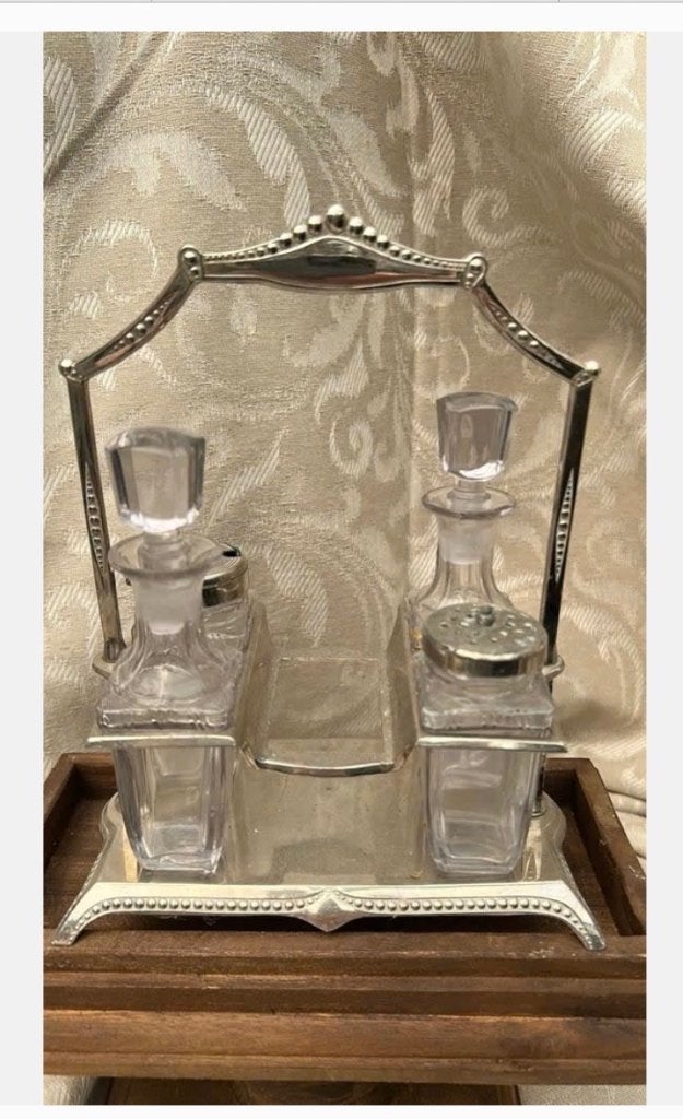 Vintage olie azijn mosterd zout ed setje, glas metaal, Antiek en Kunst, Ophalen of Verzenden