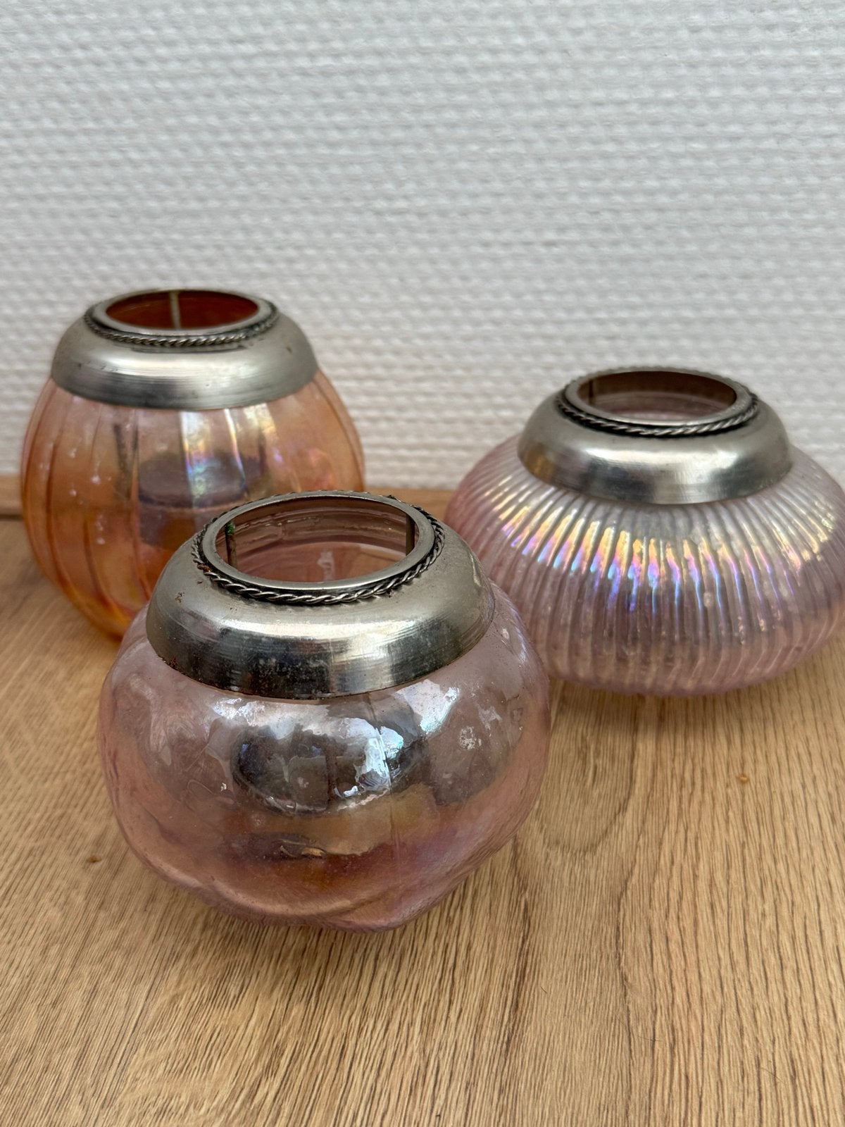 Set van 3 glazen windlichten - Roze/Oranje, Ophalen, Gebruikt, Meerkleurig, Glas