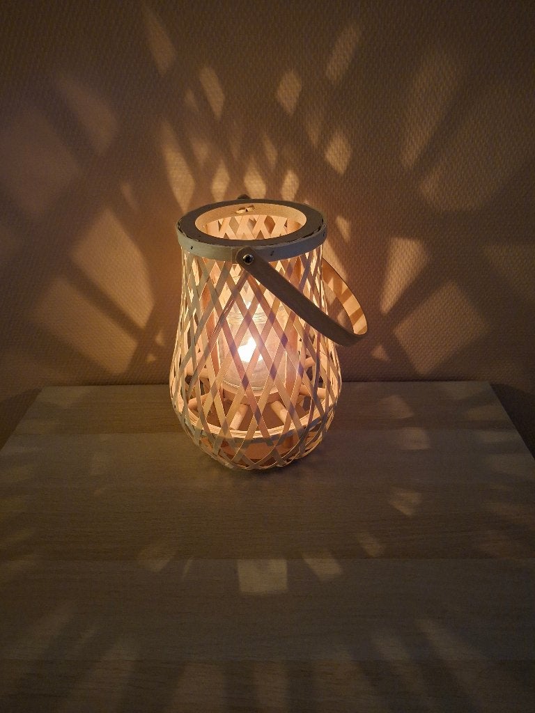 Nieuw! Sfeervol windlicht lantaarn met glas – 30 cm hoog, Ophalen, Windlicht, Beige, Natuurlijk materiaal