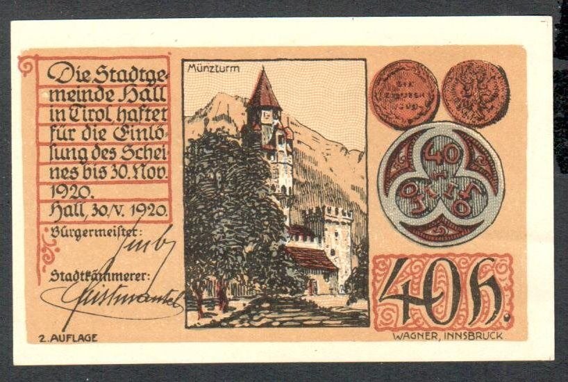 Noodgeld - Hall - 40 Heller - 1920., Postzegels en Munten, Ophalen of Verzenden, Oostenrijk, Los biljet