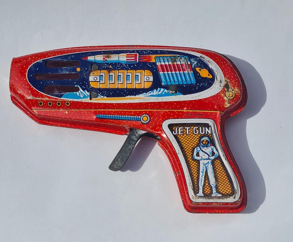 Blikken speelgoedpistool
Jet Gun space ray gun Japan, Ophalen of Verzenden