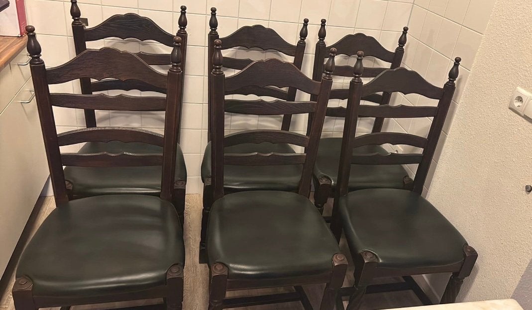 6 eettafelstoelen - donker hout - donkergroen leer, Huis en Inrichting, Stoelen, Ophalen, Gebruikt, Overige kleuren, Klassiek