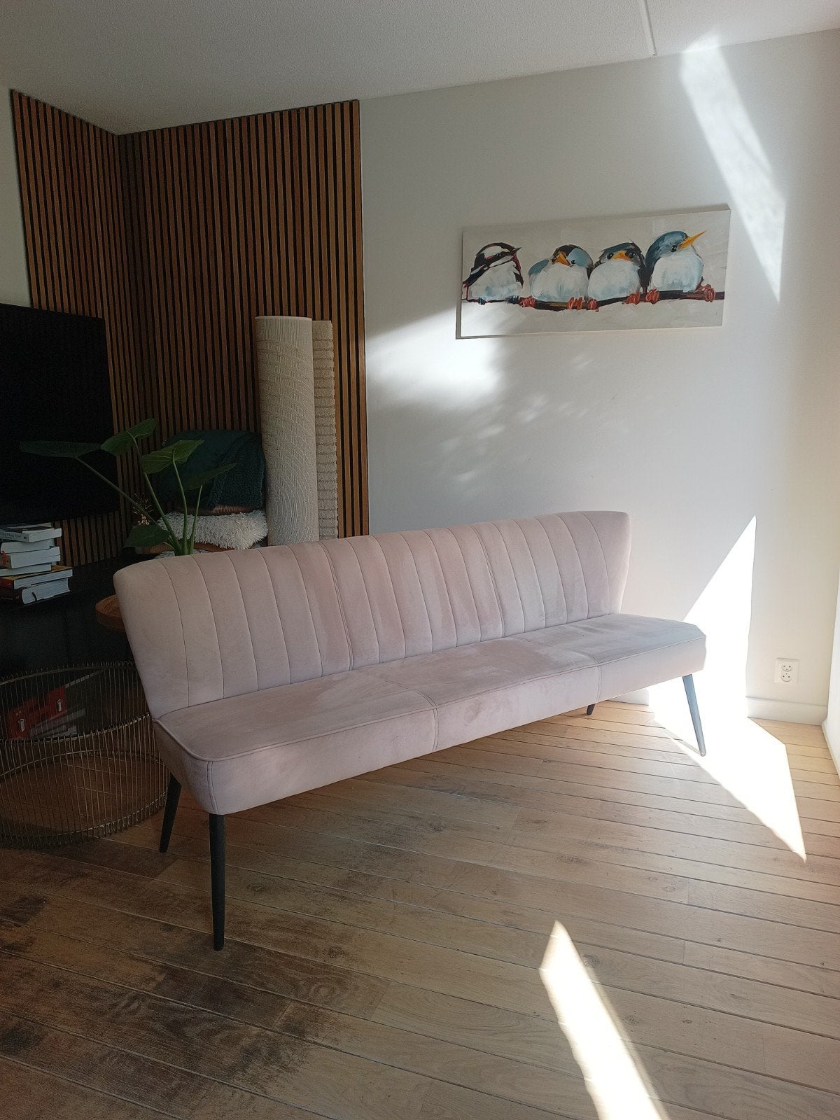 Oud Roze Velours Eetkamerbank, Gebruikt, Modern, Scandinavisch, Minder dan 75 cm, 150 tot 200 cm