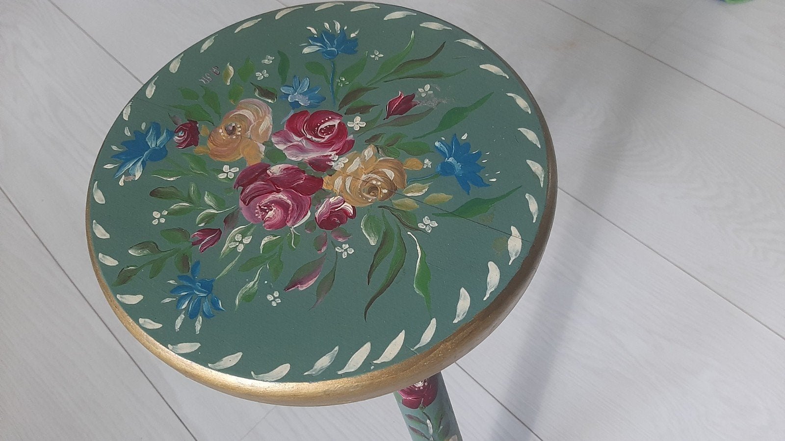 vintage melkkrukje beschilderd rozen, groen, goud, Huis en Inrichting, Ophalen, Gebruikt, Hout