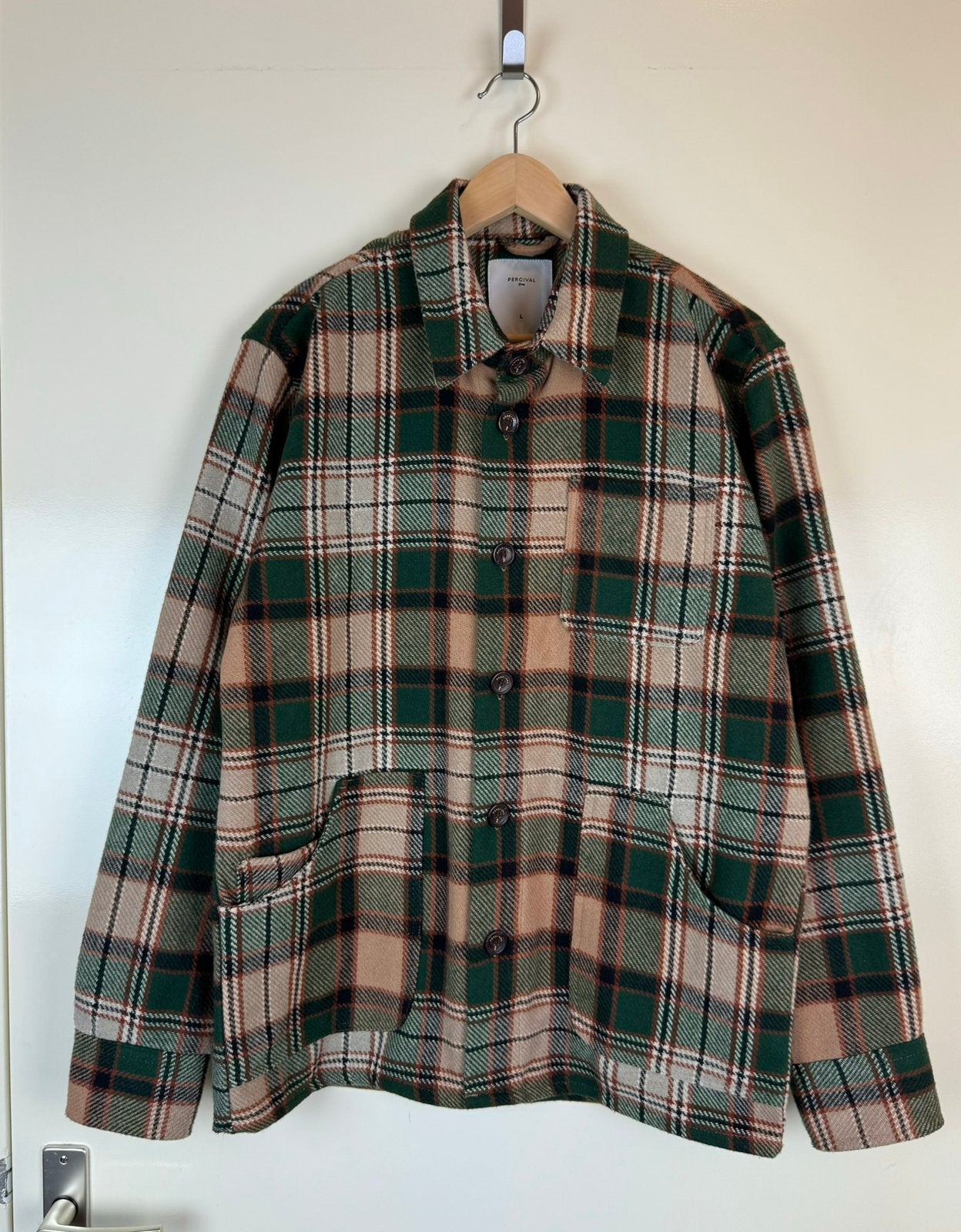PERCIVAL Green Tartan Overshot Shirt Jacket Flannel L, Ophalen of Verzenden, Zo goed als nieuw, Groen, Halswijdte 41/42 (L)