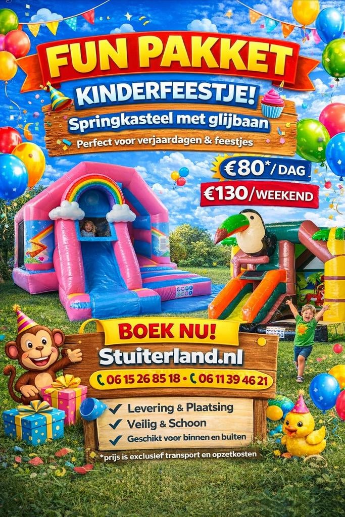 Springkussen met glijbaan huren voor kinderfeestjes, Ophalen of Verzenden