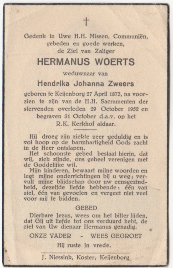 Hermanus Woerts 1873 - 1952 Keijenborg, 79 jaar oud, Verzenden