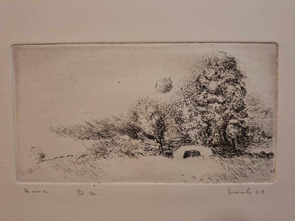 Ets Landschap met Bomen en Huisje, Ophalen of Verzenden, Gesigneerd, Landschap, 1950 - 1999