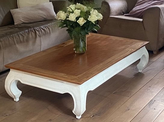 Houten salon tafel met witte houten onderkant 1.40x80x36, Ophalen, Gebruikt, 100 tot 150 cm, 50 tot 100 cm