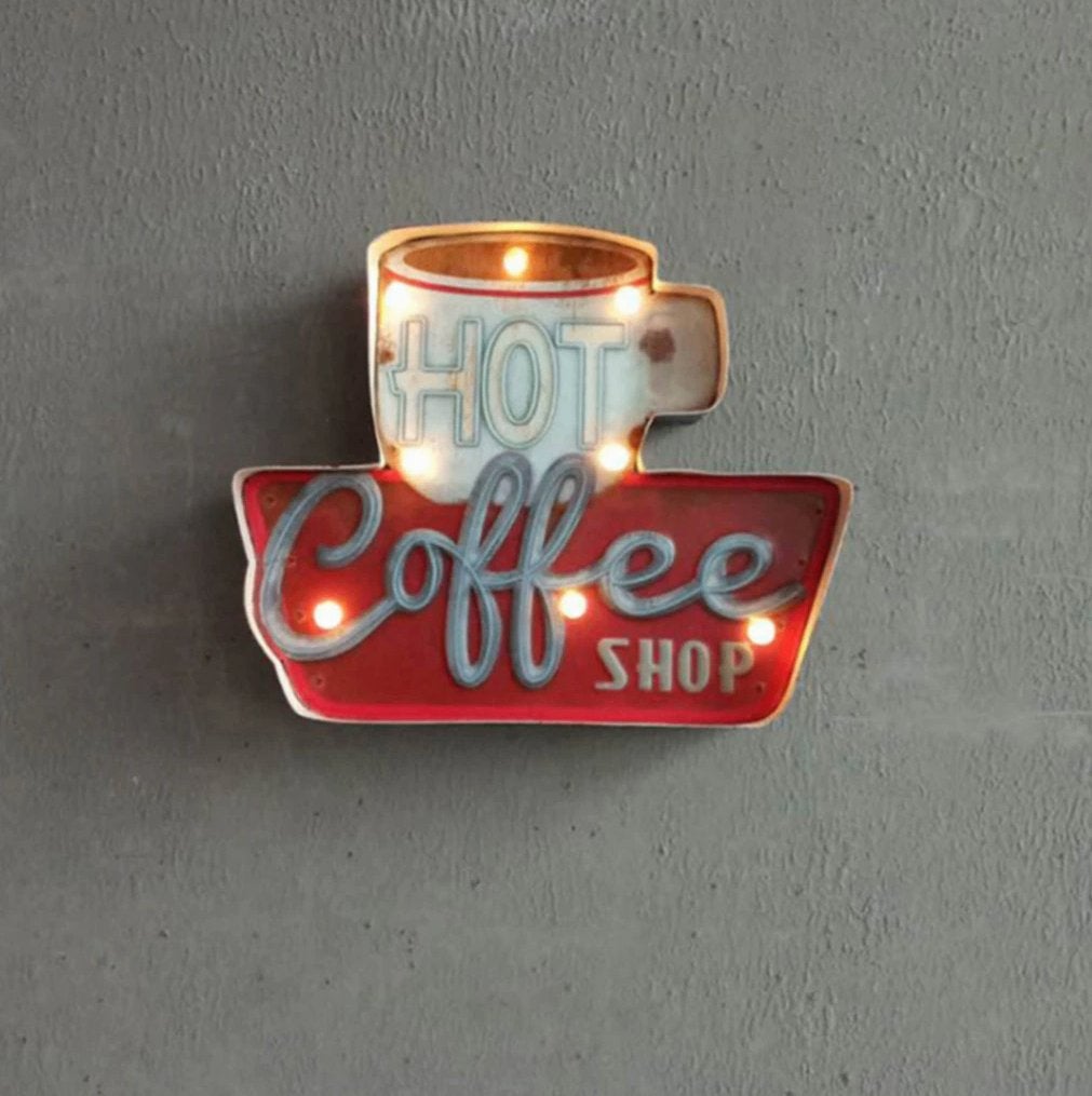 Hot Coffee Shop Metalen LED Bord - Plaat Retro Koffie Lamp, Verzenden, Nieuw, Wandbord of Wandpaneel