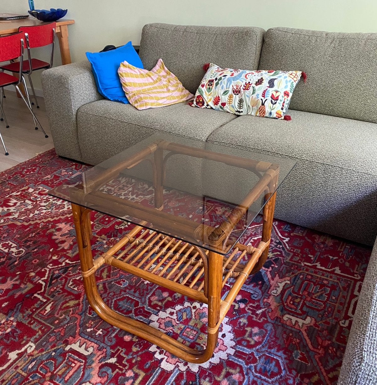 Vintage rotan tafel rookglas, Ophalen, 50 tot 75 cm, Vierkant, 50 tot 100 cm