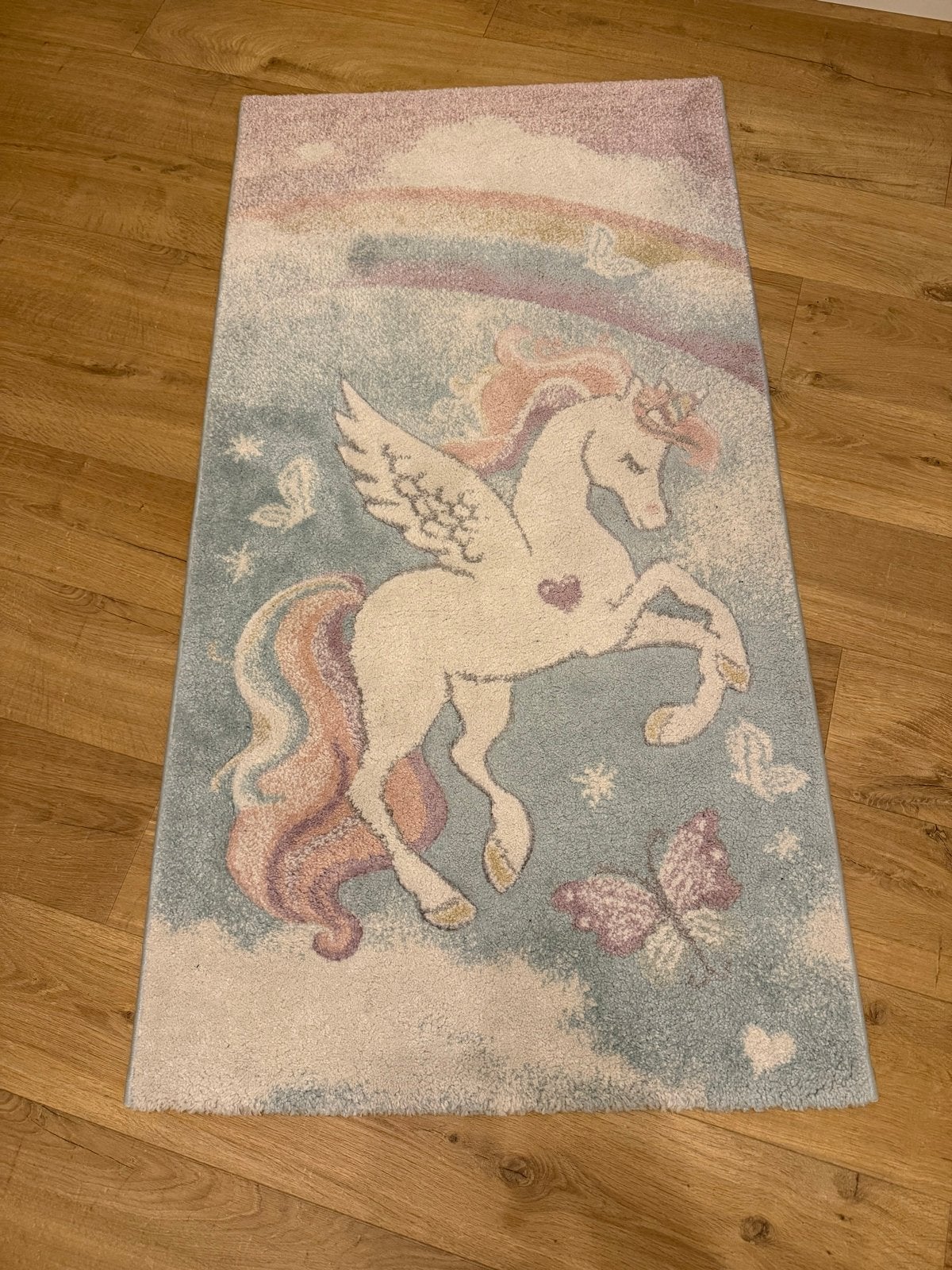 Eenhoorn vloerkleed paars blauw rainbow - Merinos Pergamon, Ophalen, Zo goed als nieuw, Kleed of Kussen