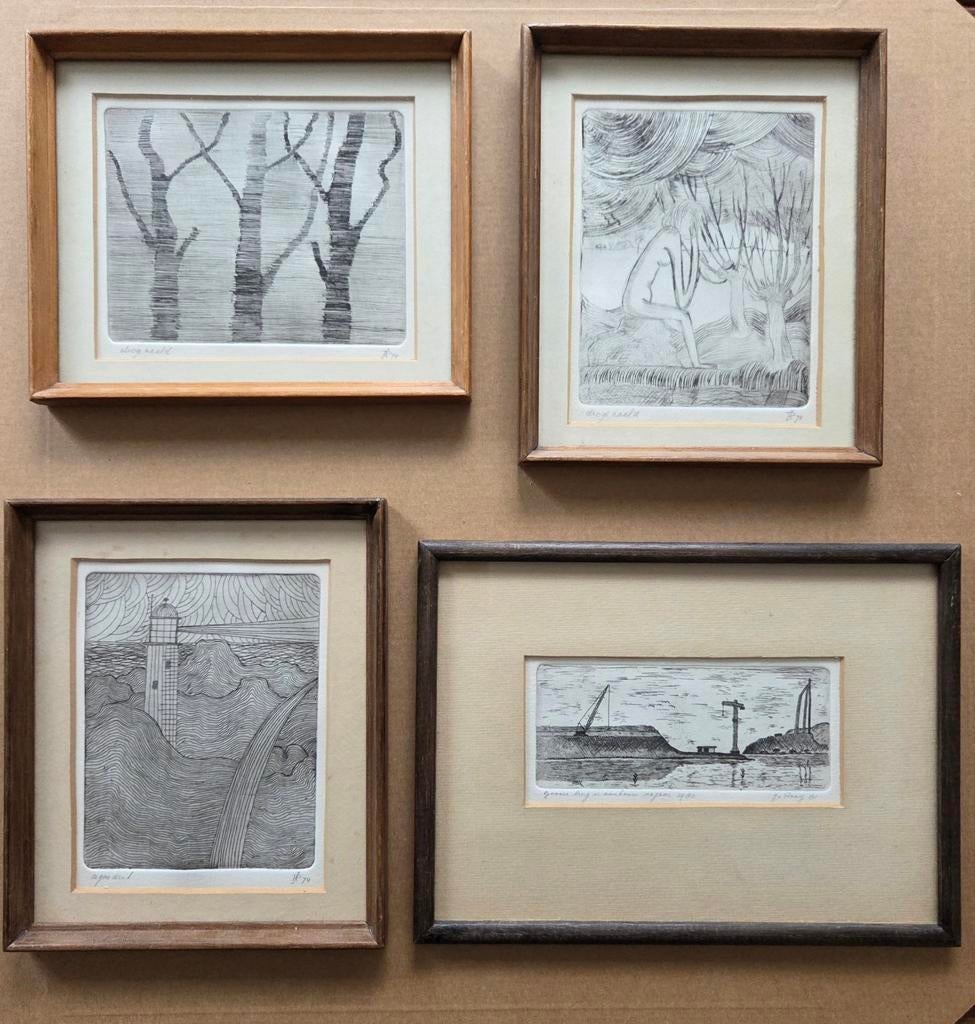 4 Etsen. Diverse voorstellingen. Gesigneerd. 1974., Antiek en Kunst, Kunst | Etsen en Gravures, Ophalen of Verzenden