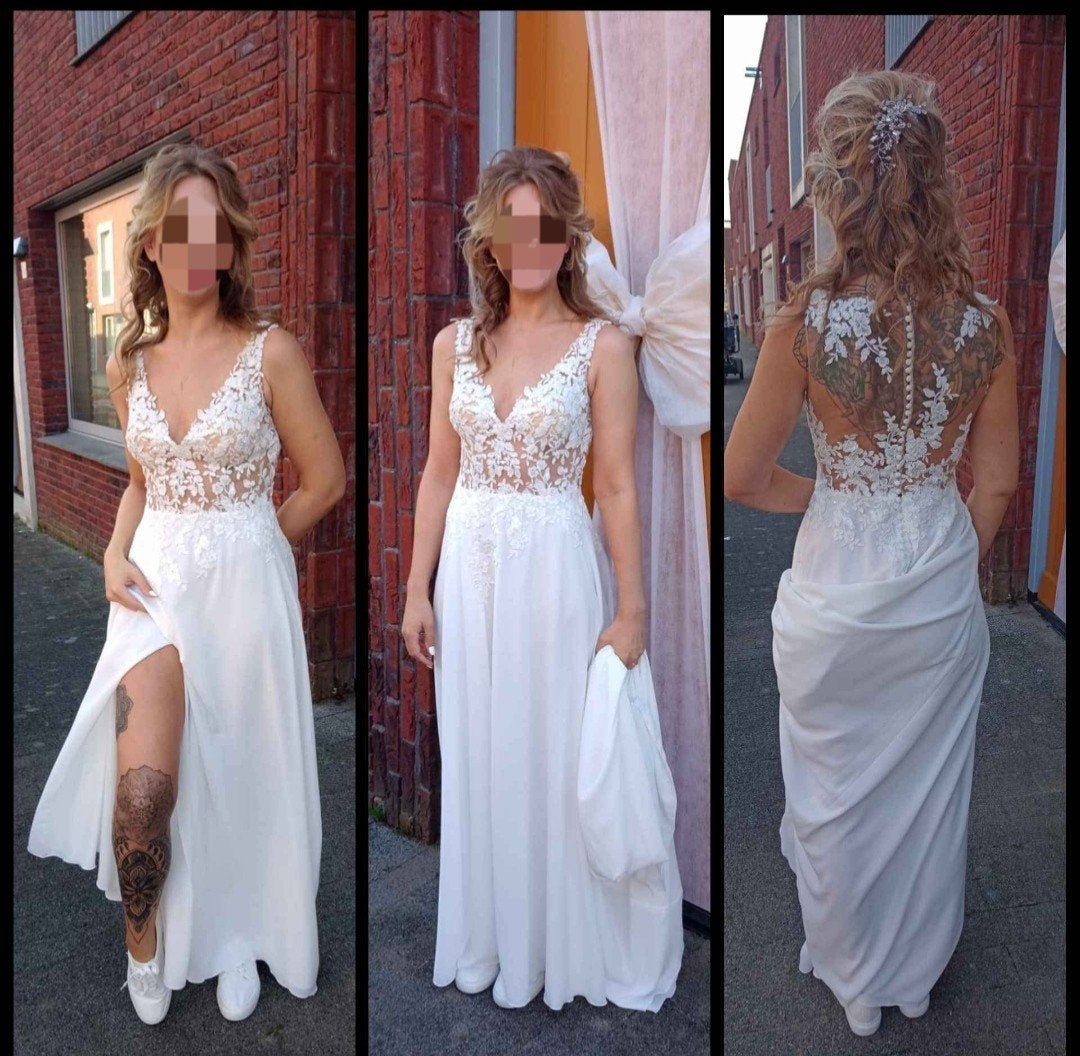 Elegante trouwjurk met kanten lijfje en split, Ophalen, Gedragen, Wit, Trouwjurk