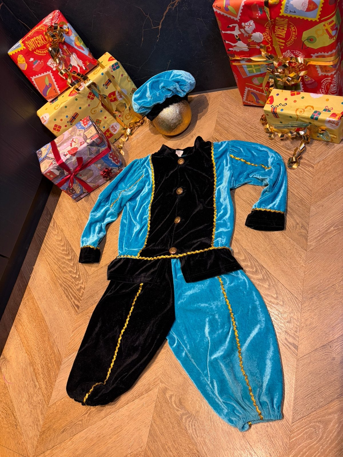 Pietenpak blauw zwart maat 110 set sinterklaas, Ophalen of Verzenden, Nieuw