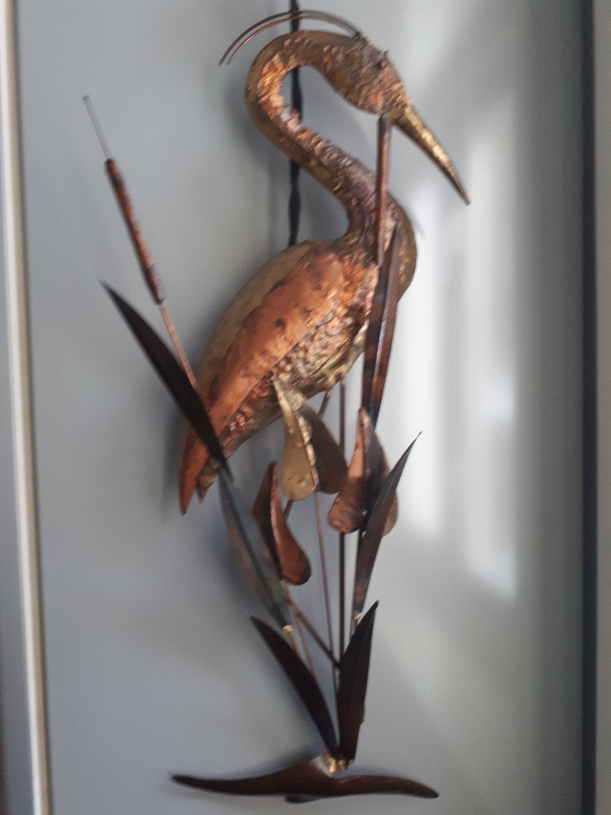 Namyslik Vintage metalen Wandsculptuur Reiger in Riet, Ophalen, Gepatineerd, Wanddecoratie, Bruin