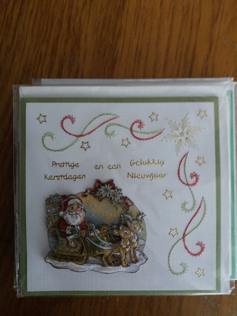 3D Geborduurde kerstkaart met kersman en arreslee no. 370, Ophalen of Verzenden, Nieuw, Kerst