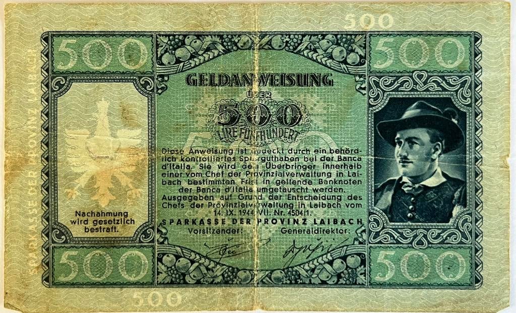 Laibach 500 lire 1944, Postzegels en Munten, Bankbiljetten | Europa | Niet-Eurobiljetten, Ophalen of Verzenden, Overige landen