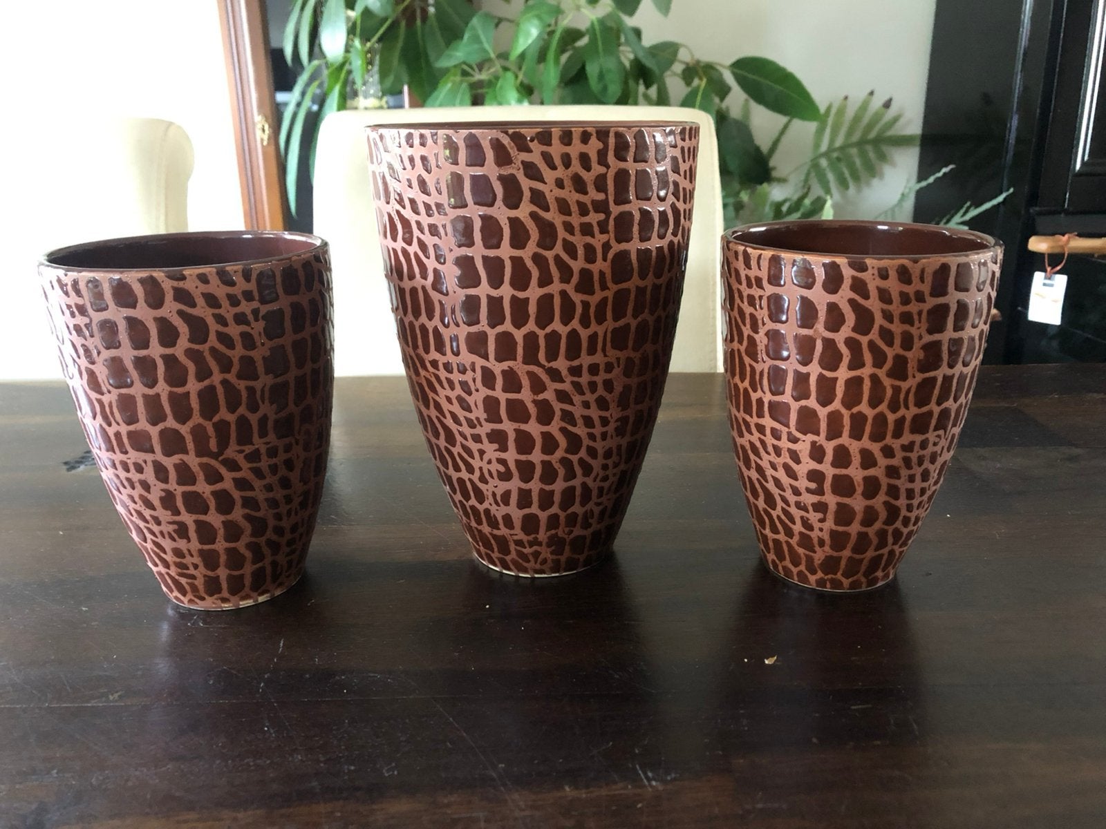 Set van 3 bruine vazen/bloempotten als nieuw, Tuin en Terras, Bloempotten, Rond, Ophalen of Verzenden, Zo goed als nieuw, Aardewerk