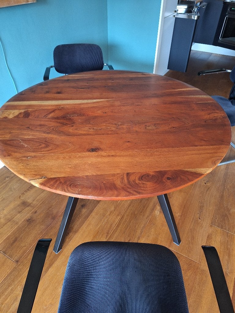 Ronde houten eettafel, Huis en Inrichting, Tafels | Eettafels, Ophalen, Gebruikt, Rond, Vier personen