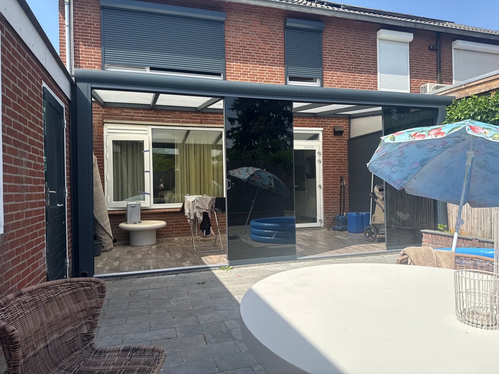 Terrasoverkapping met glazen schuifwanden zelf demonteren, Doe-het-zelf en Verbouw, Rolluiken, Ophalen of Verzenden, Gebruikt