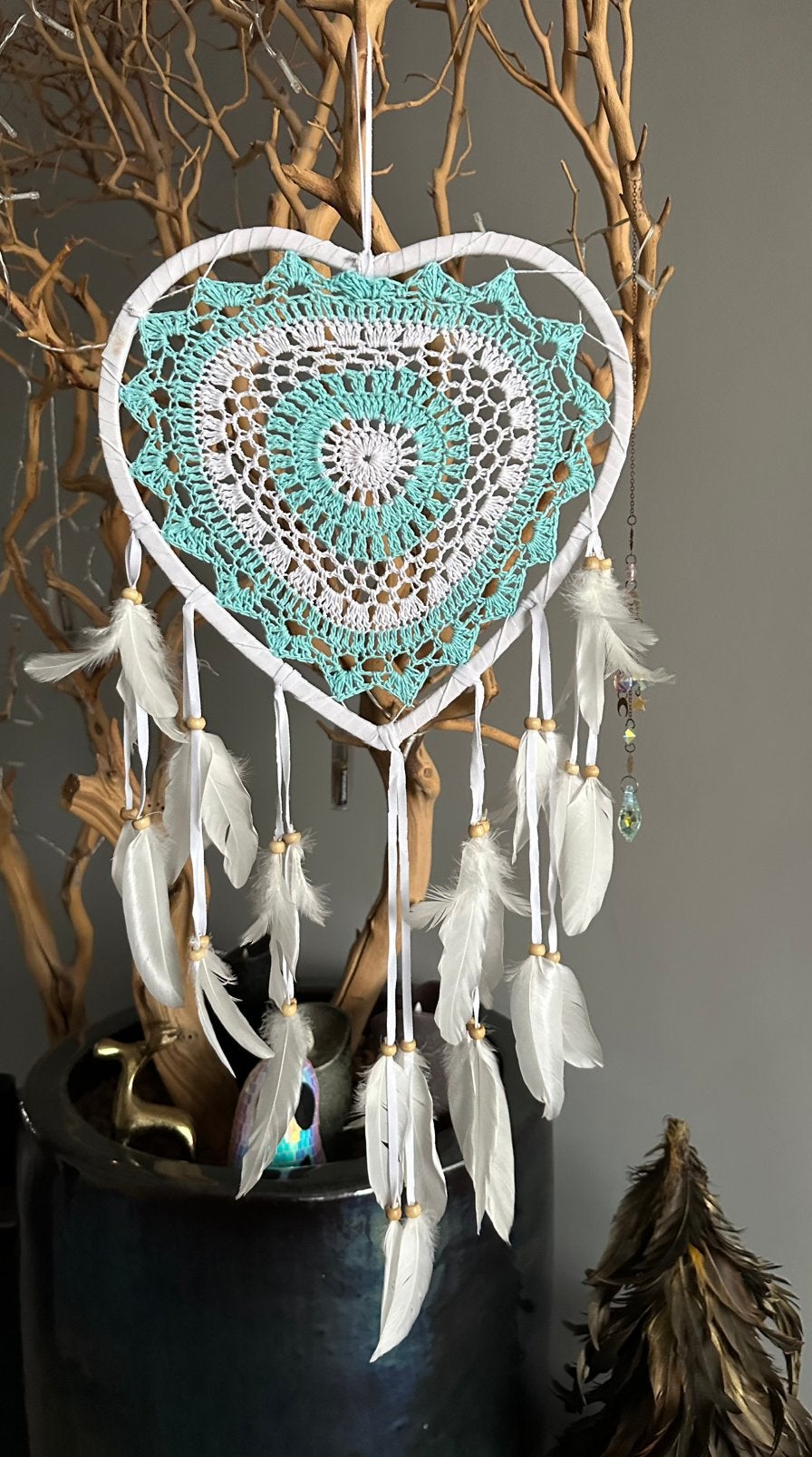 Boho dromen vangertje , wit met turquoise, 28 cm, Ophalen of Verzenden, Zo goed als nieuw, Natuurlijk materiaal