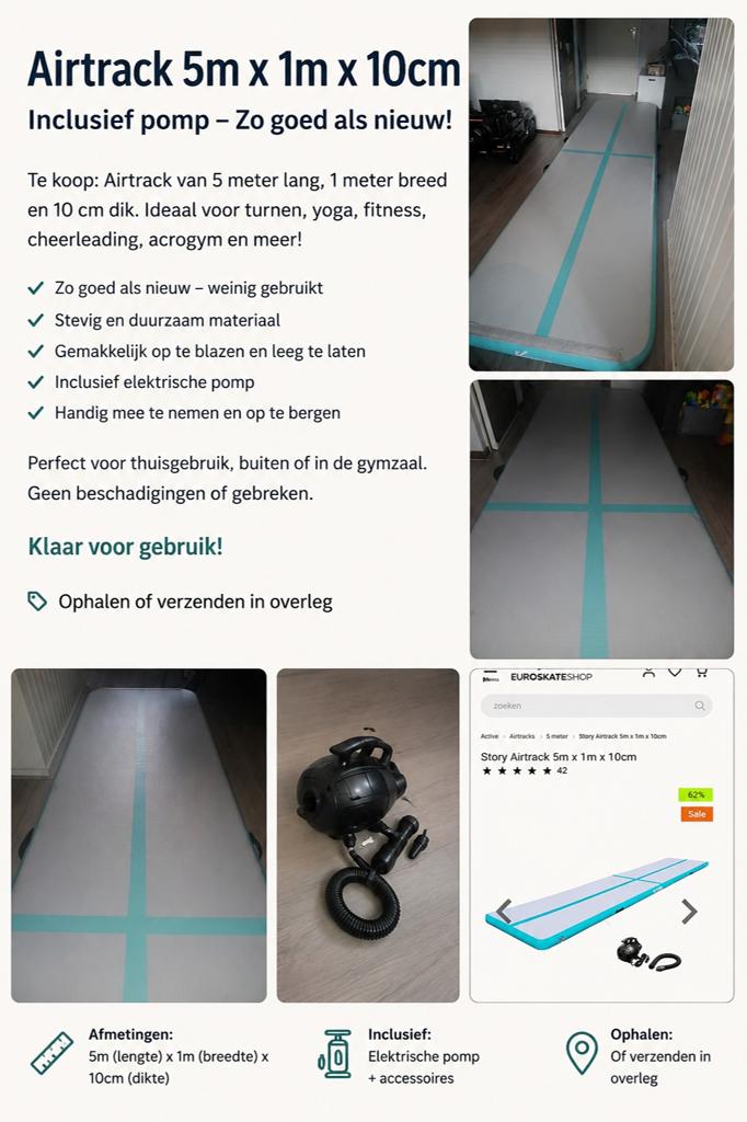 Story Airtrack 5m x 1m x 10cm – inclusief elektrische pomp, Ophalen of Verzenden, Zo goed als nieuw, Materiaal