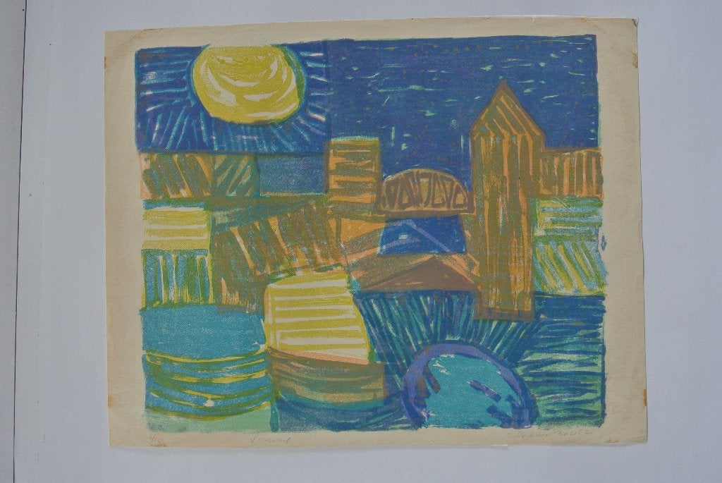 daniel den dikkenboer litho 1 stadsgezicht/spoorbrug, Ophalen of Verzenden