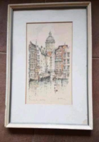 Litho met aquarel kolkje Amsterdam Henk Hoefman gesign, Ophalen