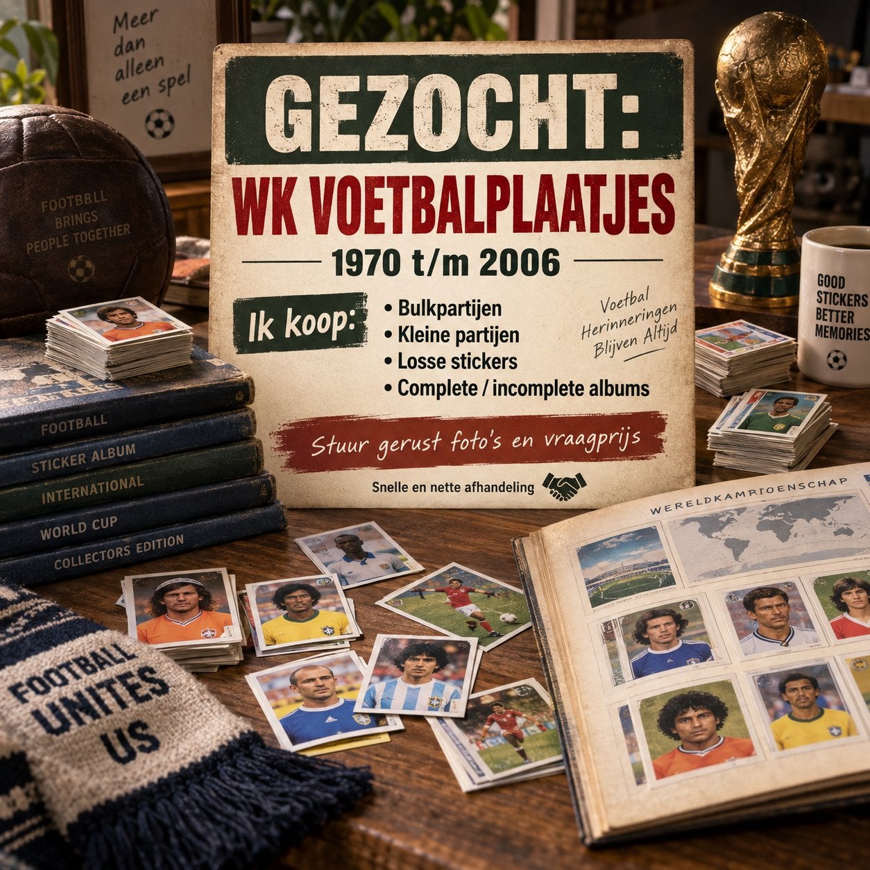 Gezocht Panini WK voetbalplaatjes 1970-2006 koop partijen op, Ophalen of Verzenden, Gebruikt, Sticker