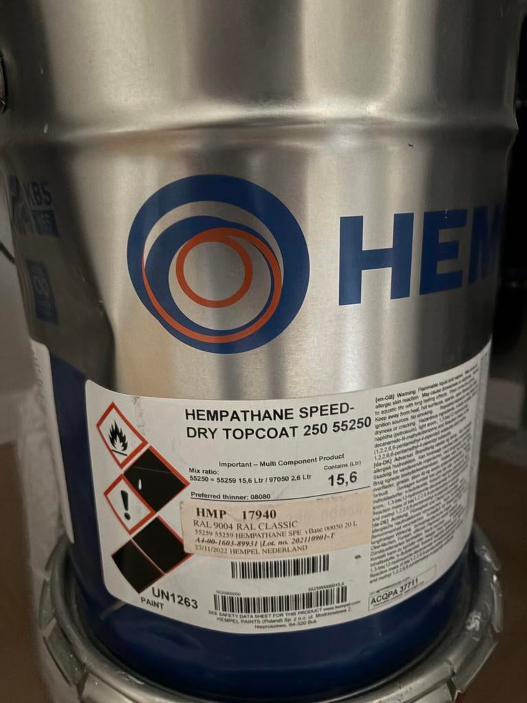 Hempathane Speed-Dry Topcoat RAL 9004, ongeopend, Doe-het-zelf en Verbouw, Verf, Beits en Lak, Ophalen, Zwart, Nieuw, 15 tot 20 liter