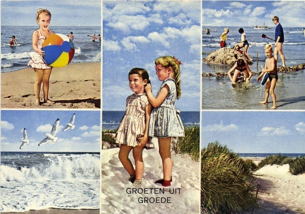 Groeten uit Groede - 5 afb strand zee duin - 1979 gelopen, Verzamelen, Ansichtkaarten | Nederland, Ophalen of Verzenden, 1960 tot 1980