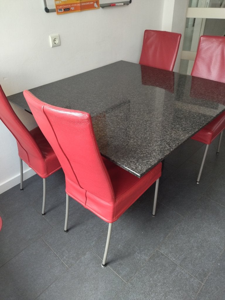 Eettafel zwart graniet 120 cm vierkant met 4 leren stoelen, Ophalen, Overige materialen, Vierkant, Zo goed als nieuw