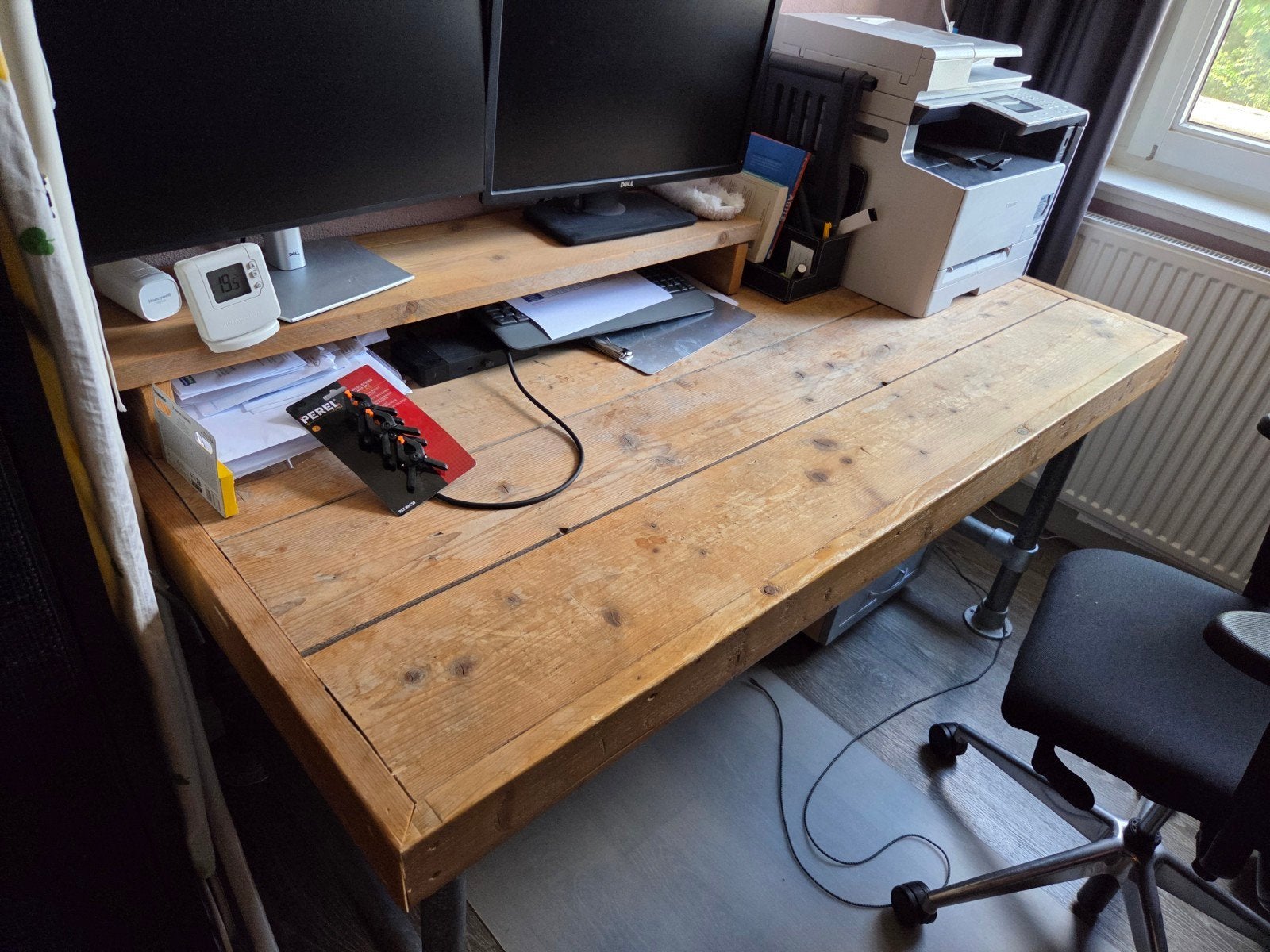 Robuust houten bureau met stalen poten - Industrieel, Opzetstuk, Hout, Bruin, Ophalen of Verzenden