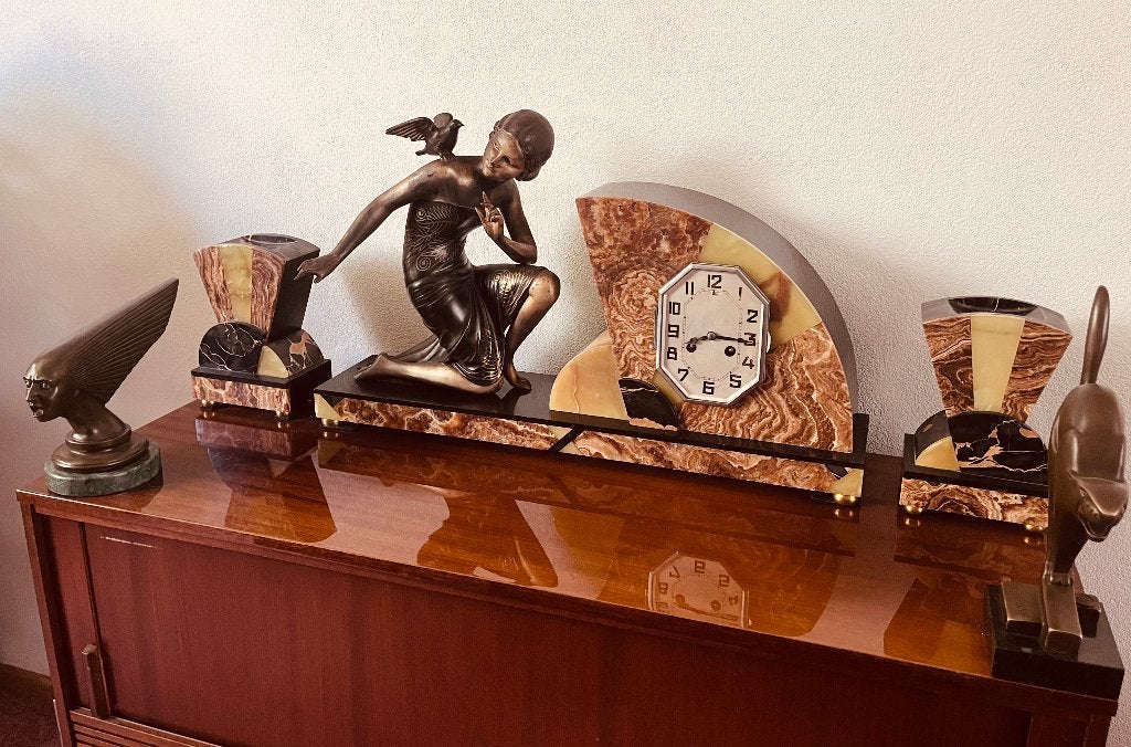 Zeldzaam mooi Art Deco pendule stel - gesigneerd Uranio, Antiek en Kunst, Antiek | Klokken, Ophalen of Verzenden
