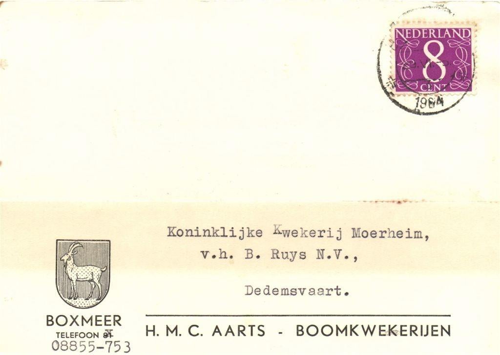 H.M.C. Aarts, Boomkwekerijen, Boxmeer - 06.1964 - briefkaart, Postzegels en Munten, Ophalen of Verzenden, Briefkaart