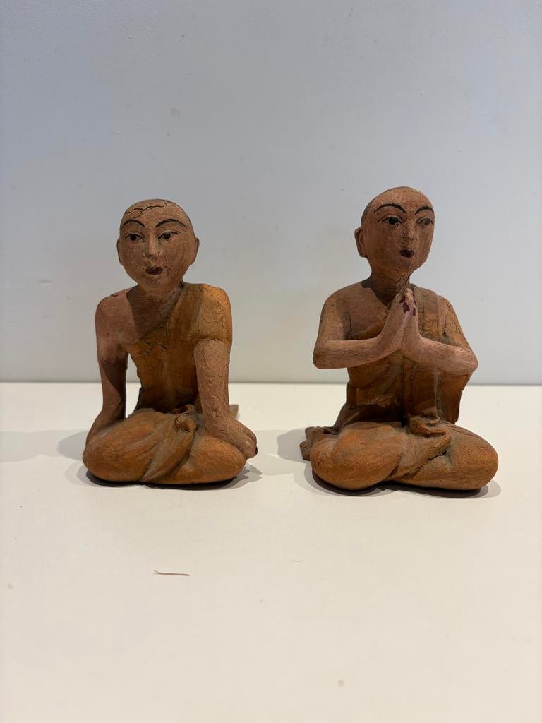 Houten Boeddhistische Monniken Beeldjes - Myanmar Stijl, Minder dan 20 cm, Ophalen of Verzenden, Handgemaakt, Beeld