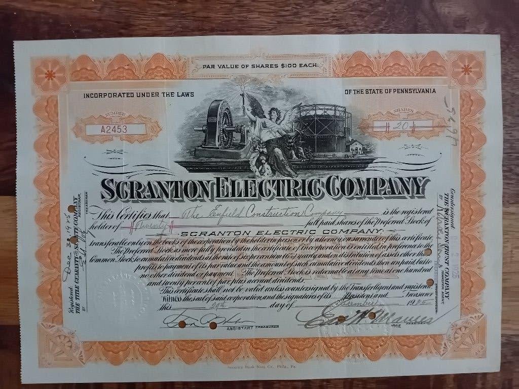 Aandeel Scranton Electric Company - 1925, Ophalen of Verzenden, 1920 tot 1950, Aandeel