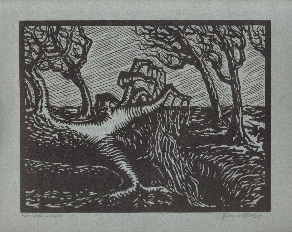 Frans Bosen linosnede "Omgevallen Boom in Veld", gesigneerd, Ophalen, Landschap, Overige technieken, Origineel