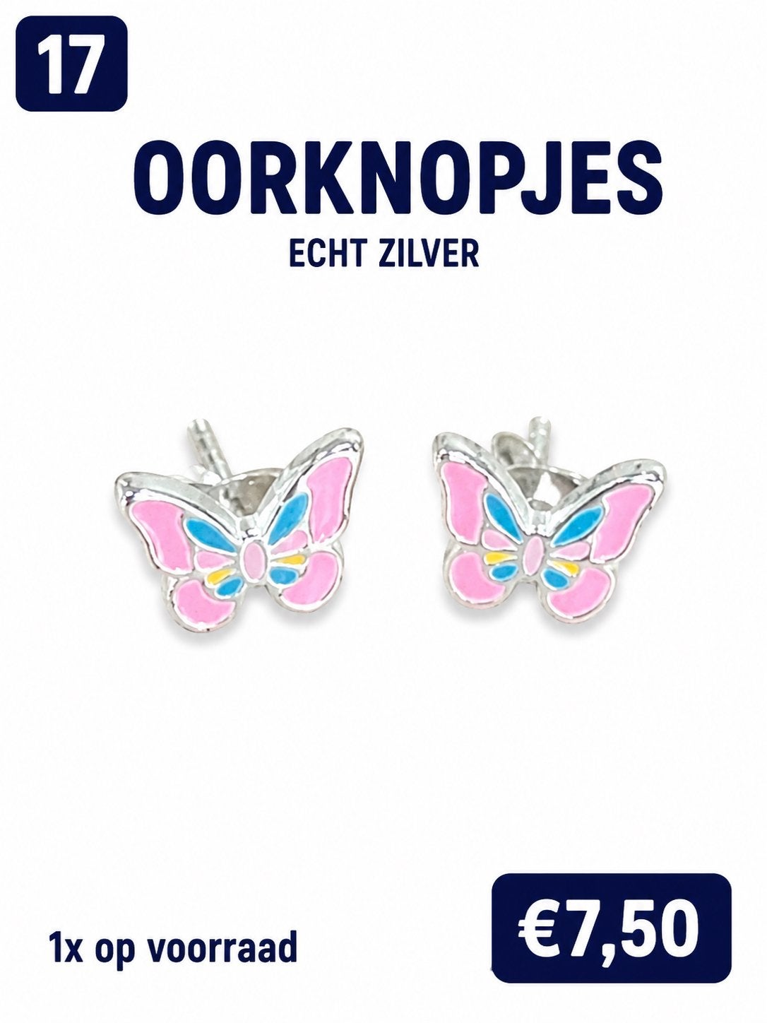 Zilveren Vlinder Oorknopjes - Roze & Blauw Emaille, Ophalen of Verzenden, Nieuw, Overige typen