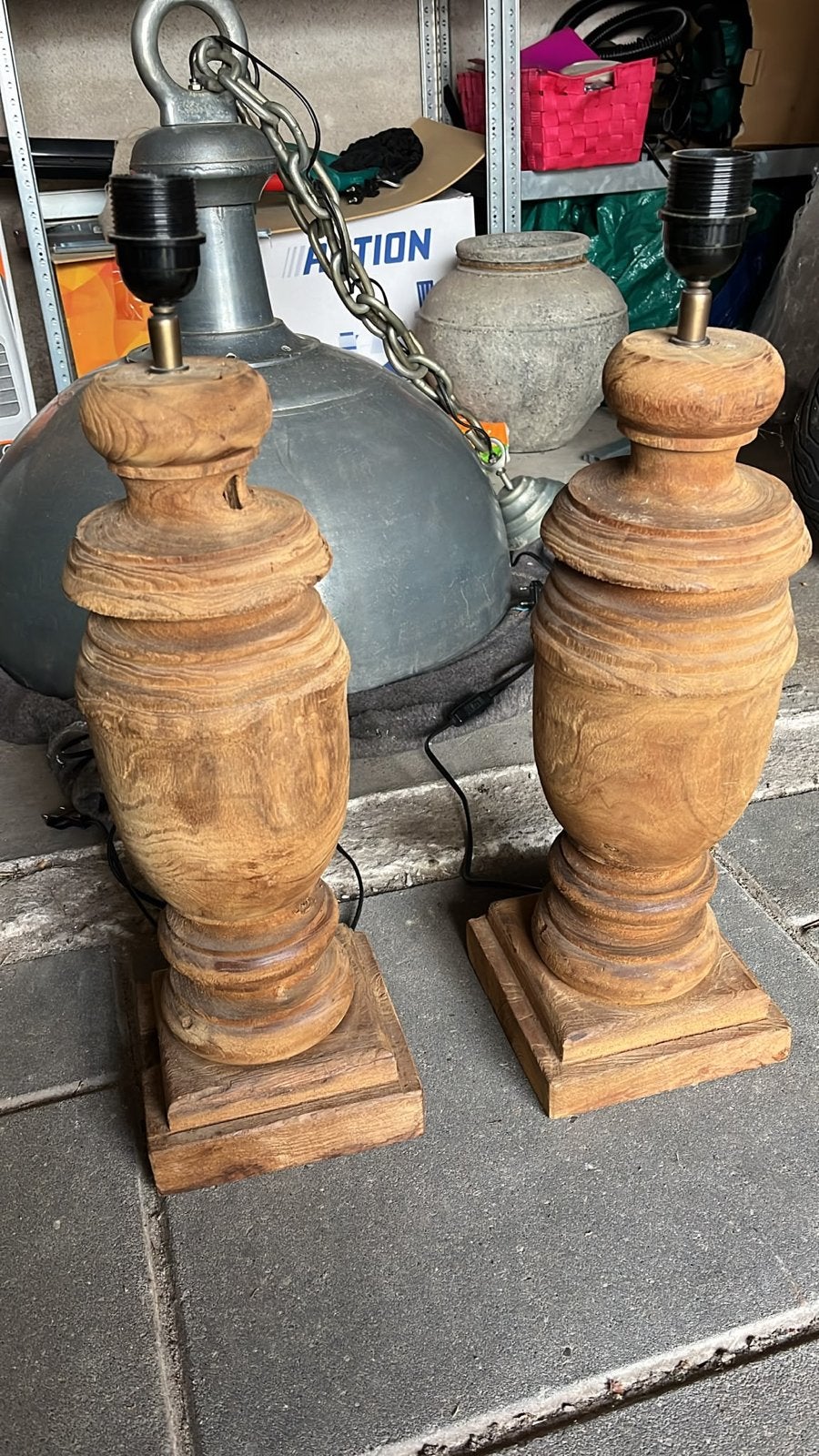 Set van 2 massieve houten balusterlampvoeten, 56cm hoog, Huis en Inrichting, Gebruikt, Ophalen of Verzenden, Hout, Klassiek