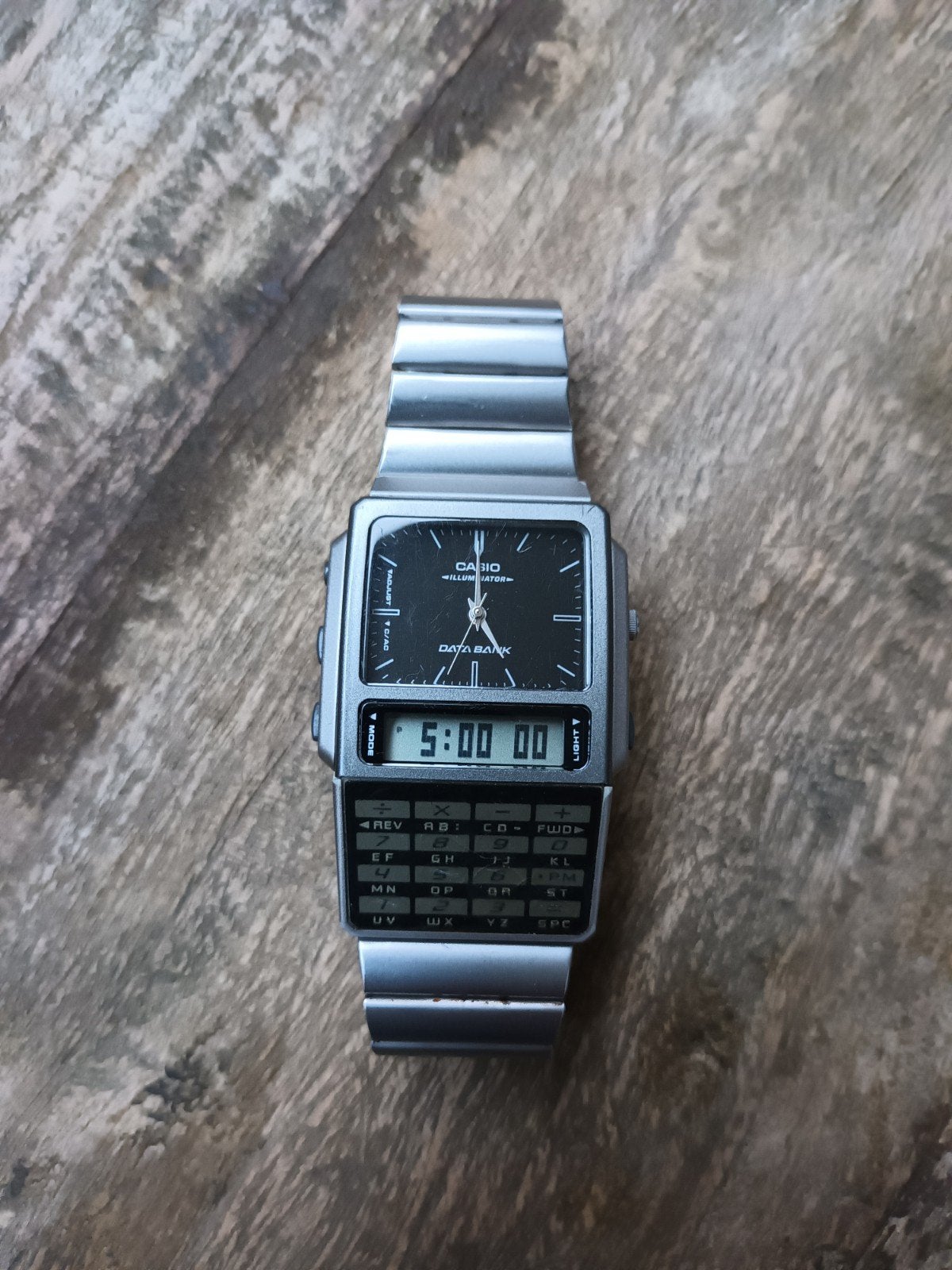 Vintage Casio Data Bank DBC-30 Polshorloge met Rekenmachine, Gebruikt, Staal, Verzenden, Polshorloge