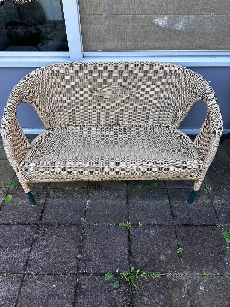 Tuinset: Glazen Tafel, 2 Rotan Stoelen, 1 Rotan Bank, Ophalen, 4 zitplaatsen, Kunststof, Gebruikt