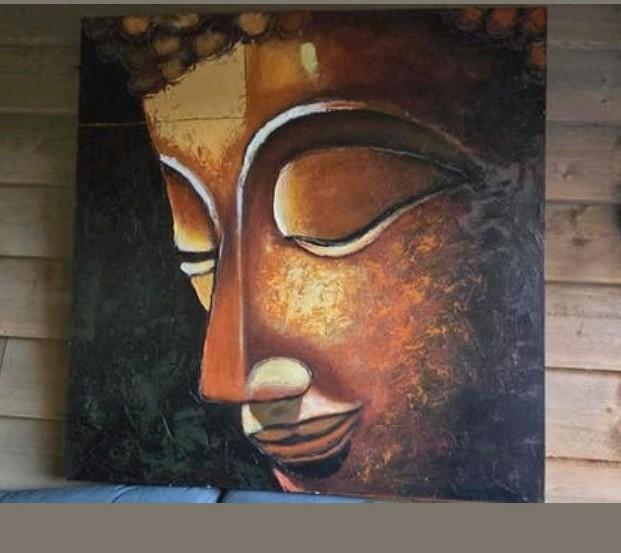 Groot Boeddha Schilderij - Olieverf 3D Textuur 100x100cm, Ophalen of Verzenden