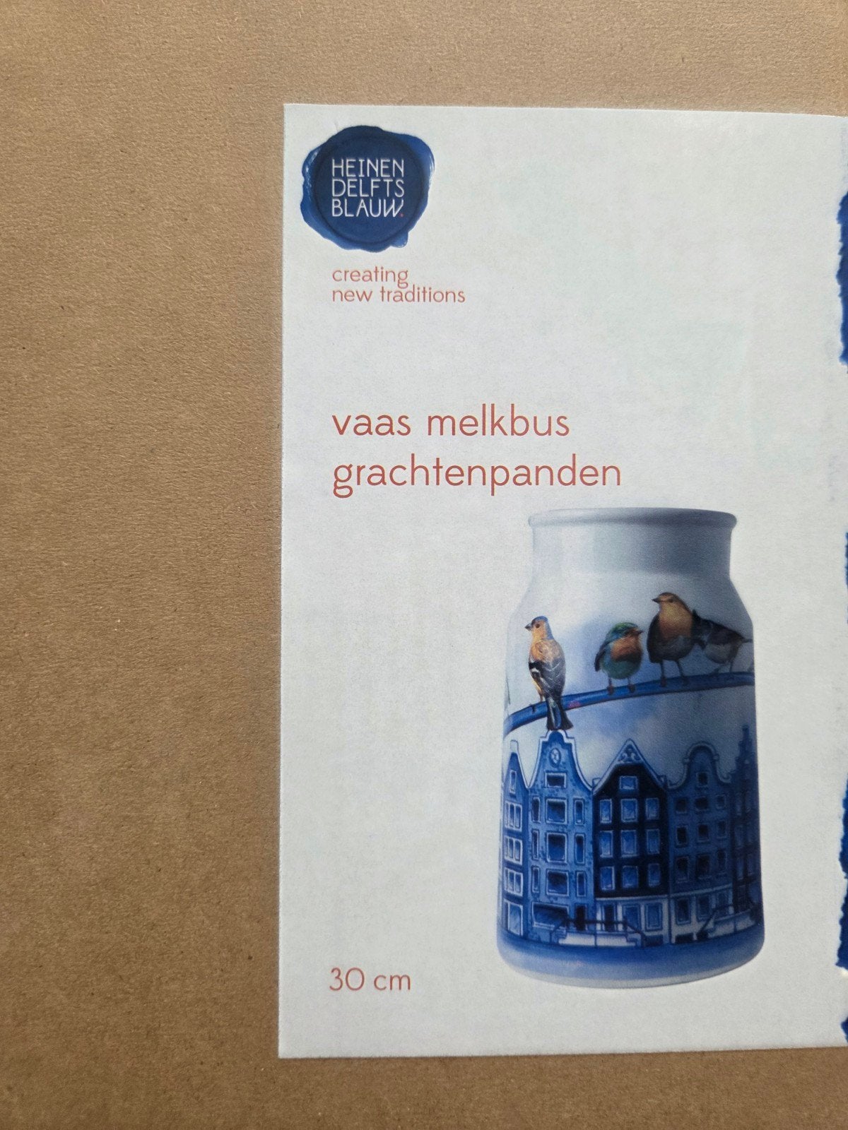 Heinen Delfts Blauw Melkbus Vaas Grachtenpanden 30 cm Wit, Ophalen of Verzenden