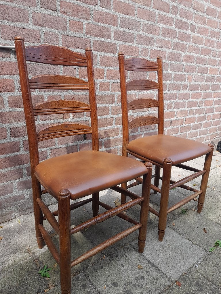 Gratis afhalen 6 eikenhout met leer stoeltjes, Huis en Inrichting, Stoelen, Ophalen, Gebruikt, Bruin, Vijf, Zes of meer stoelen