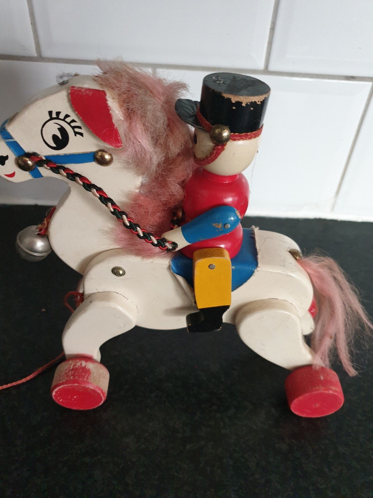 Vintage Houten Trekpaard met Ruiter - Speelgoed, Ophalen, Gebruikt, Jongen of Meisje