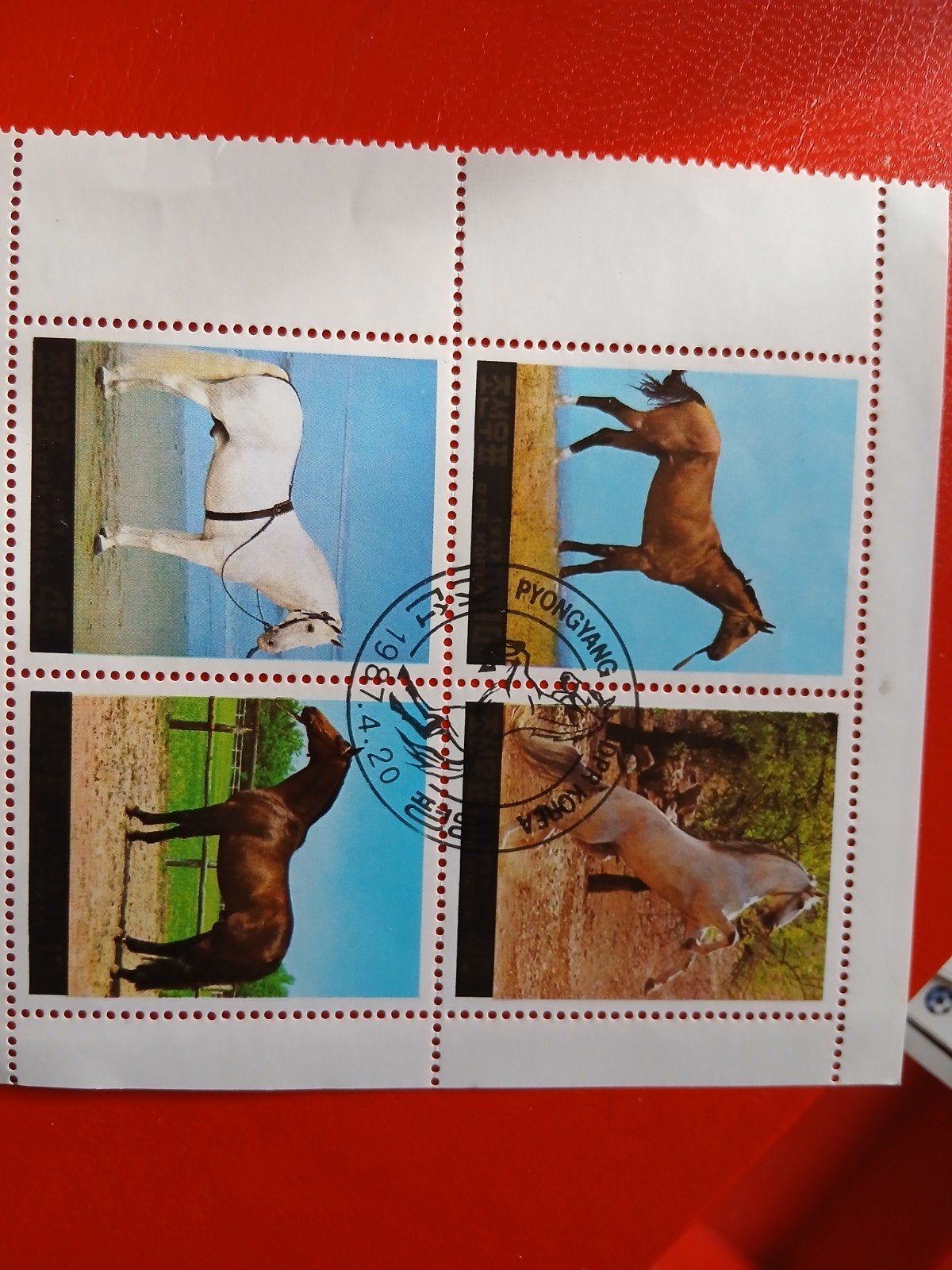 Postzegelvel Noord-Korea - Paarden - Gestempeld, Ophalen of Verzenden